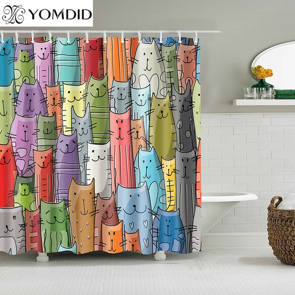 YOMDID Cartoon Bath Curtain Waterproof Shower Curtains Polyester Cat Pattern Bath Screen Curtain for Bathroom Christmas Gift