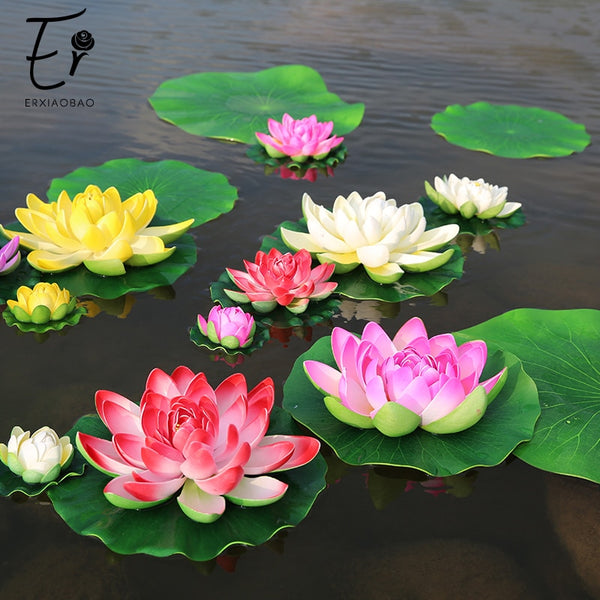 Erxiaobao Simulation Fake Lotus with Leaf Plastic Artificial Flower Water Lily Green Plant Interior Decor for Fish Tank Pool